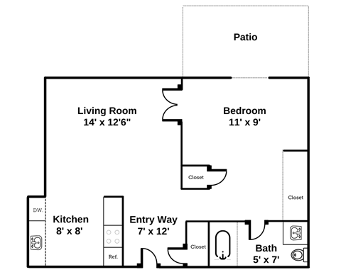 Floor plan for studio, 1 bath, 518 sqft